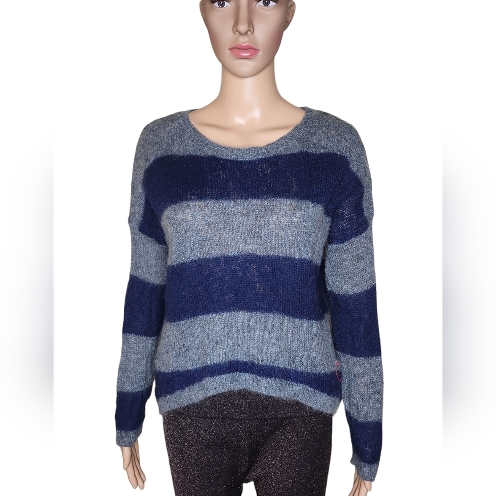 Sundry women's navy blue gray striped mohair wool blend crew neck sweater Sz L